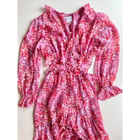 MISA Amelia Pink Del Rio Floral Chiffon Ruffle Cut-Out Tiered Maxi Dress, Size S - Picture 4 of 16